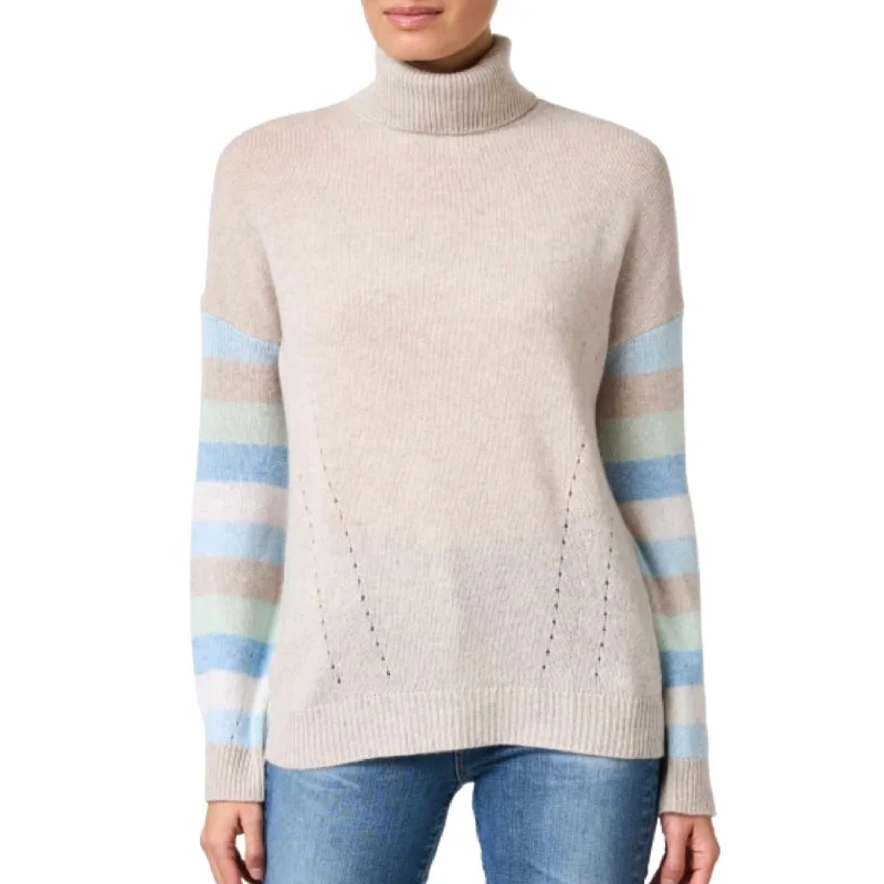 Stripe Sleeve Turtleneck Sweater In Agate Multi Embroidered Appliqued Beaded