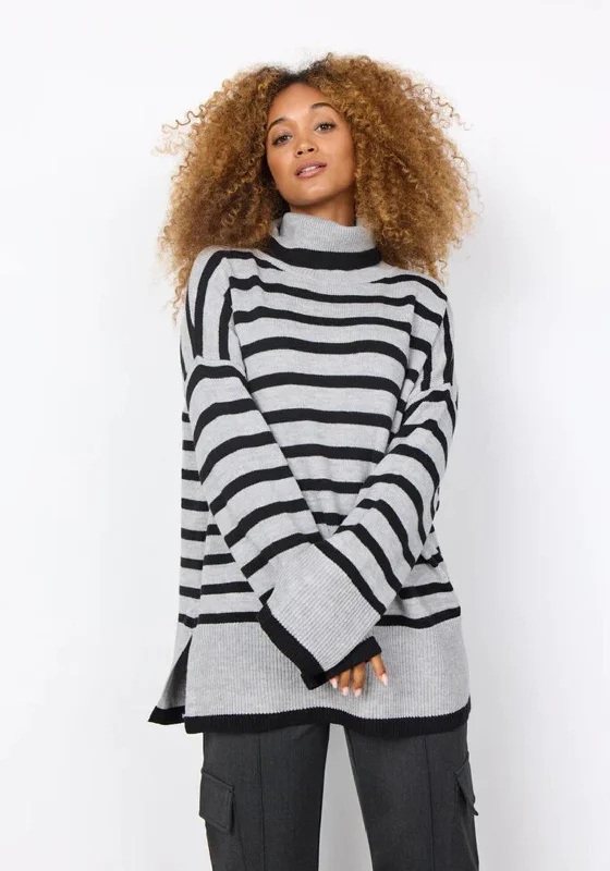 Soyaconcept Heike Roll Neck Striped Sweater, Light Grey Real Fur Shearling Chenille