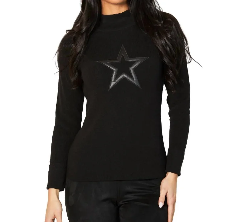 Mock Neck Ribbed Star Sweater In Black Tailored Straight A-Line
