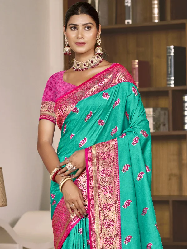 Women Teal Green Silk Saree With Un Stitched Blouse Semi-Sheer Blouse