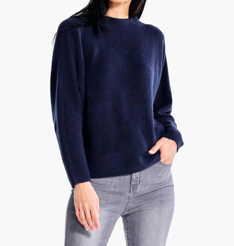 Shaker Knit Mock Sweater In Dark Indigo Handmade Hand-knitted Hand-woven