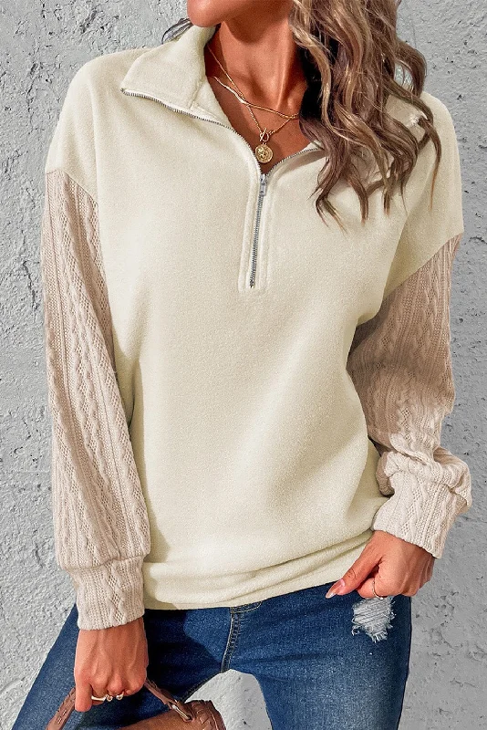 Zip-Up Dropped Shoulder Cable-Knit Sweatshirt Hoodie with Side Slits Relaxed Casual