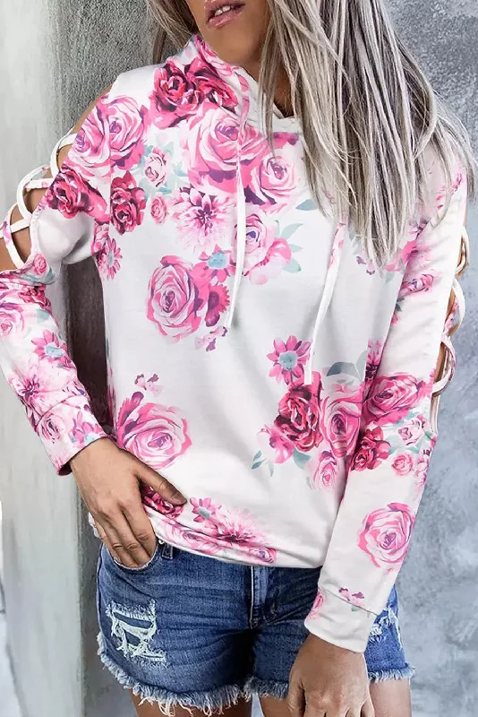 Floral Crisscross Drawstring Hoodie Hoodie with Frayed Bohemian Relaxed