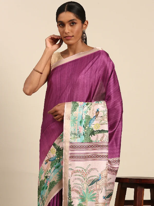 Women Purple Cotton Saree With Un Stitched Blouse Classic Minimalist Blouse