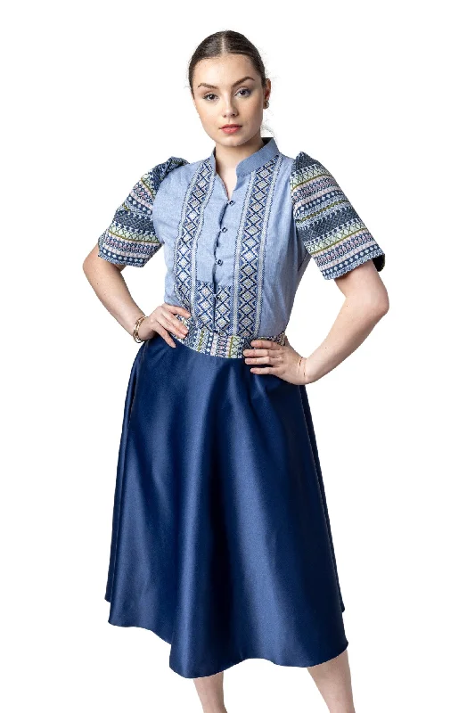 WS21 - Baro't Saya Ethnic Filipiniana Blue - Blouse and Skirt Set Ruffled Neck Blouse WS21 - Baro't Saya Ethnic Filipiniana Blue - Blouse and Skirt Set Ruffled Neck Blouse