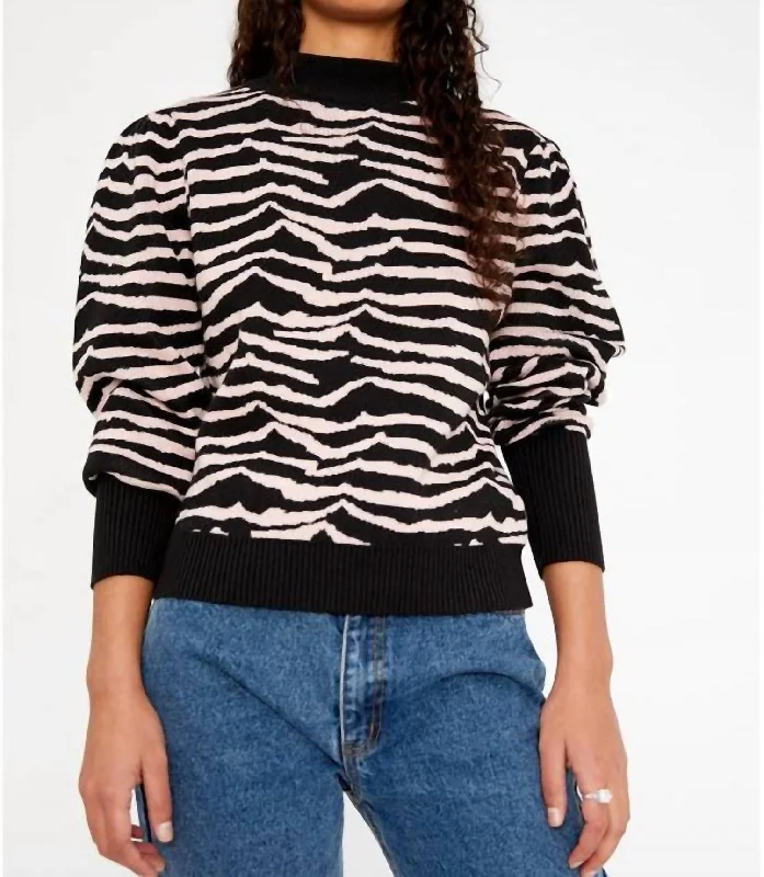 Zebra Print Intarsia-Knit Sweater In Black And White Cotton Fabric Linen Fabric Terry Fabric