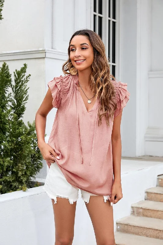 Tie Neck Ruffle Trim Blouse Off-Shoulder Wrap Blouse