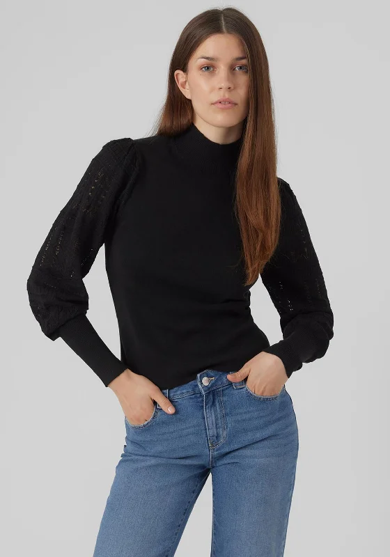 Vero Moda Felipa High Neck Ballon Sleeve Sweater, Black Transparent Opaque Sheer