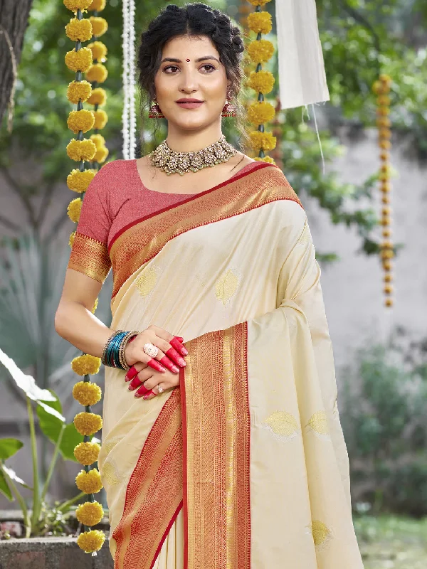 Women Cream Silk Saree With Un Stitched Blouse Classic Minimalist Blouse