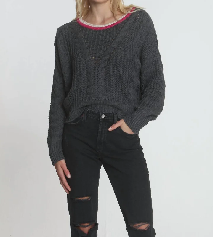 Dakota Cable Crew Sweater In Charcoal Faux Fur Fabric Real Fur Fabric Shearling Fabric