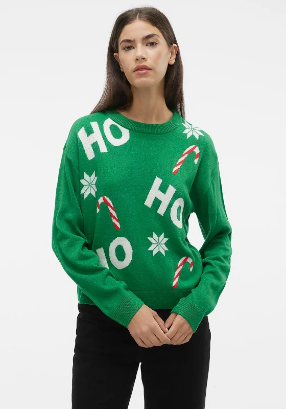 Vero Moda “HO HO HO” Print Christmas Jumper, Jellybean Denim Fabric Leather Fabric Suede Fabric