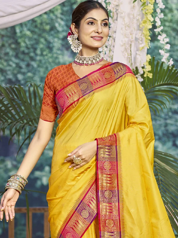 Women Yellow Silk Saree With Un Stitched Blouse Casual Stripe Blouse