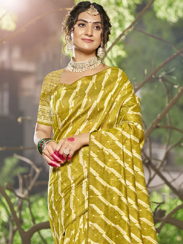 Women Olive Green Linen Saree With Un Stitched Blouse Sleeveless Chiffon Blouse