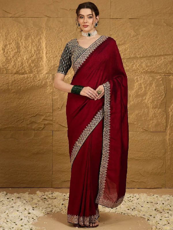Women's Vichitra Silk Maroon Embroidered Designer Saree With Blouse Piece Floral Chiffon Blouse Women's Vichitra Silk Maroon Embroidered Designer Saree With Blouse Piece Floral Chiffon Blouse