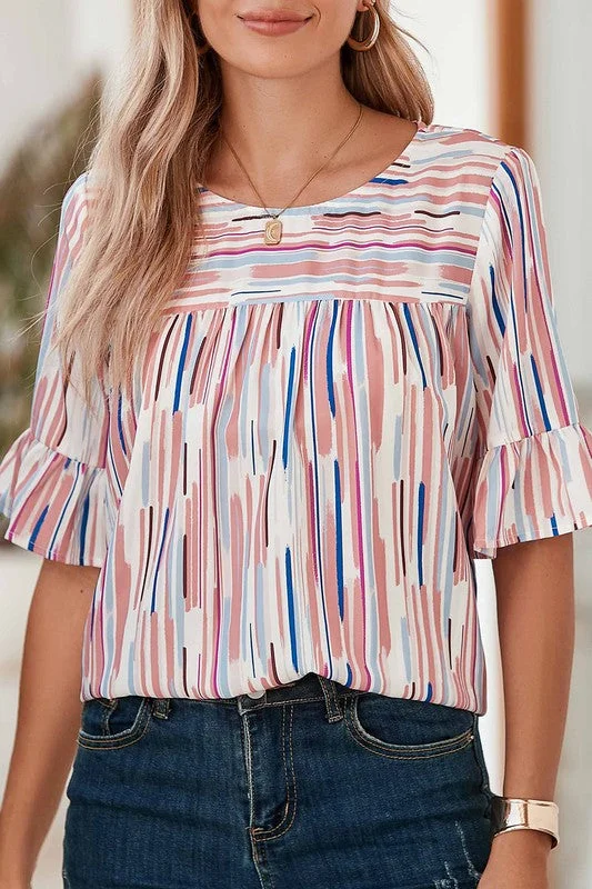 White Water color stripe ruffle half sleeve blouse Lightweight Chiffon Blouse