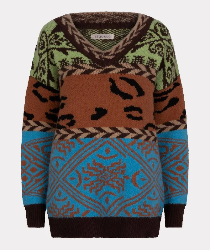 Women's Jacquard Sweater In Peacock Blue Modern Contemporary Chic