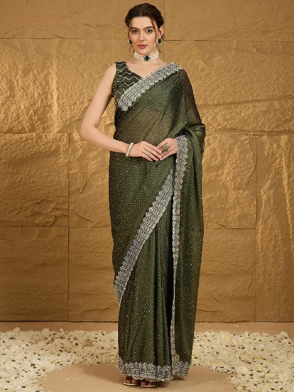 Women's Chiffon Olive Embroidered Designer Saree With Blouse Piece Sheer Mesh Blouse Women's Chiffon Olive Embroidered Designer Saree With Blouse Piece Sheer Mesh Blouse