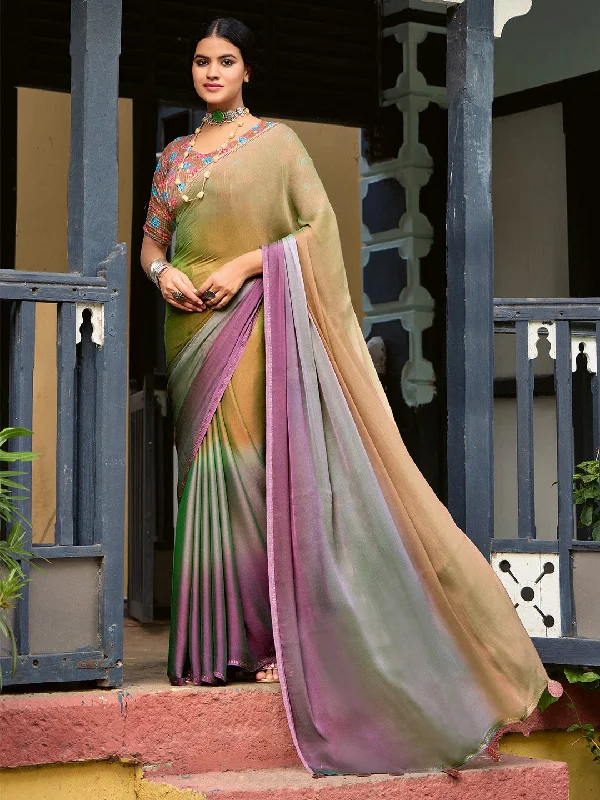 Women's Chiffon Bronze Embellished Celebrity Saree With Blouse Piece Balloon Sleeve Blouse Women's Chiffon Bronze Embellished Celebrity Saree With Blouse Piece Balloon Sleeve Blouse