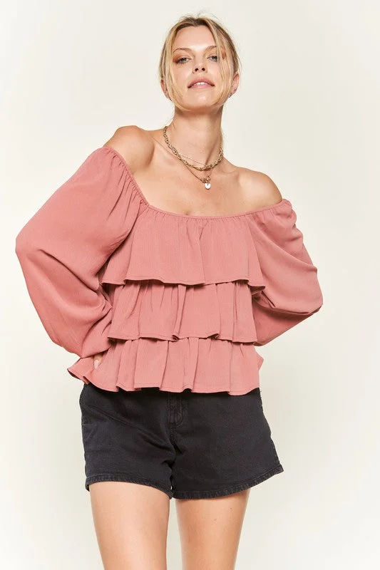 Tiered flounce designed Blouse JJT5023 Puff Sleeve Blouse