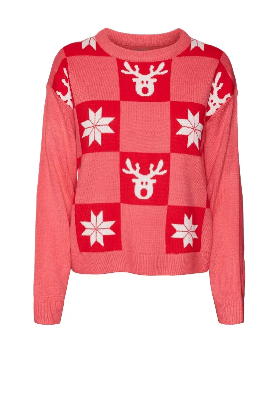 Vero Moda Deer & Snowflake Print Christmas Jumper, Hot Pink Cotton Fabric Linen Fabric Terry Fabric