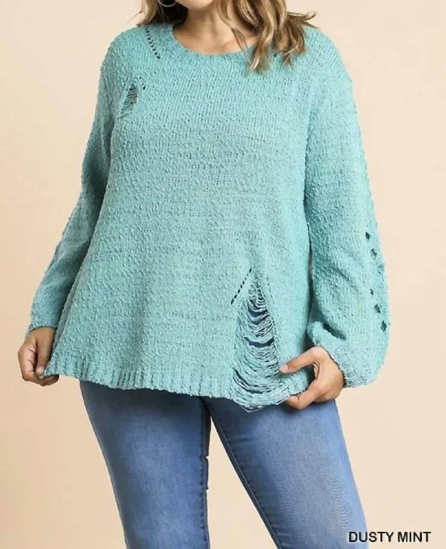 Distressed Plus Sweater In Dusty Mint Nylon Fabric Polyester Fabric Spandex Fabric