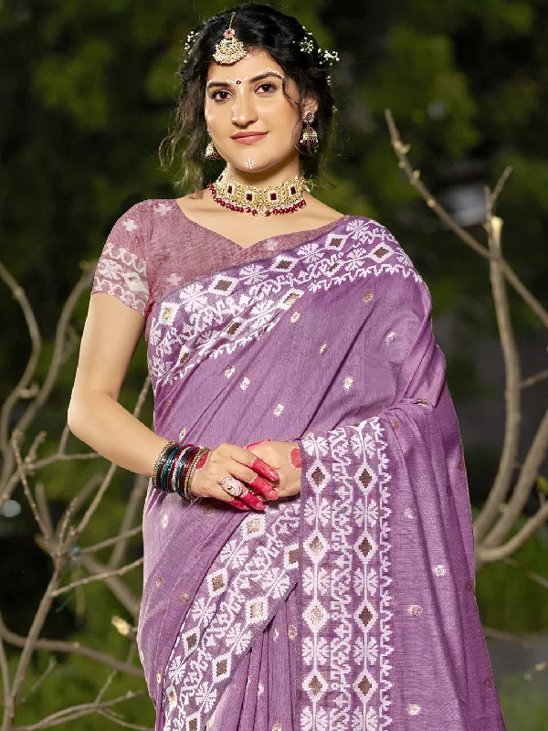 Women Purple Linen Saree With Un Stitched Blouse Sleeveless Summer Blouse