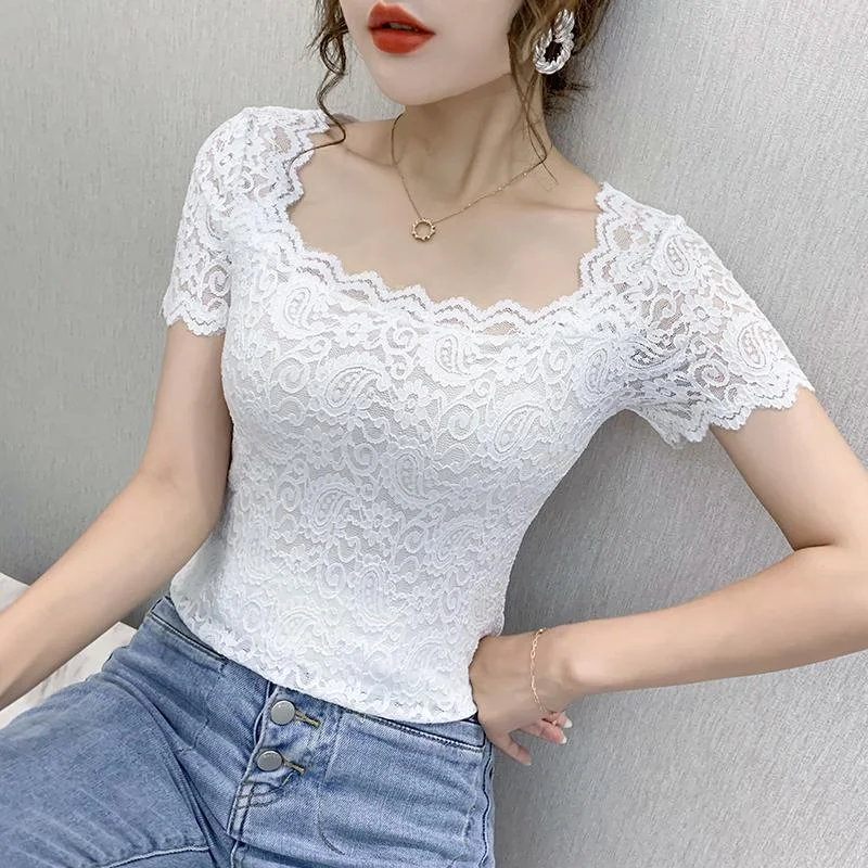Wjczt Blouse Women Lace Top Women's Short-Sleeved Summer Square Collar Sexy Cutout Shirts Blusas Ropa De Mujer Elegant Peplum Blouse Wjczt Blouse Women Lace Top Women's Short-Sleeved Summer Square Collar Sexy Cutout Shirts Blusas Ropa De Mujer Elegant Peplum Blouse