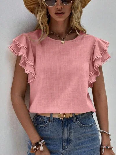 Ruffled Cap Sleeve Blouse in 4 Colors Sweetheart Neck Blouse