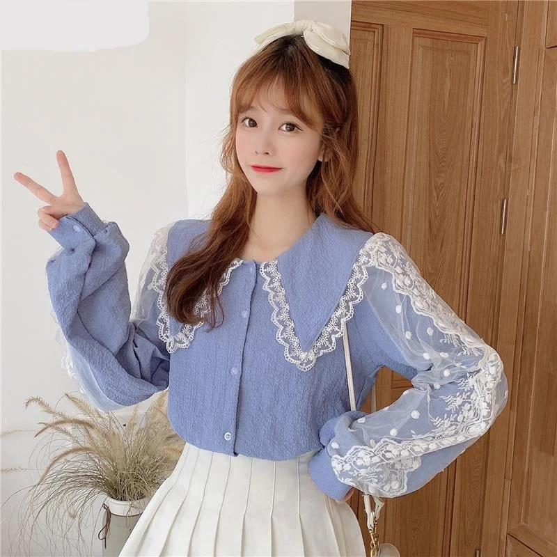 Wjczt Blouses Shirts Women Peter Pan Collar Lace Patchwork Sweet Elegant Lantern Sleeve Korean Style Autumn Students Vintage Fashion Office-Ready Blouse Wjczt Blouses Shirts Women Peter Pan Collar Lace Patchwork Sweet Elegant Lantern Sleeve Korean Style Autumn Students Vintage Fashion Office-Ready Blouse