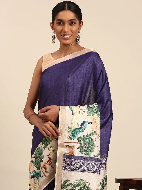 Women Royal Blue Cotton Saree With Un Stitched Blouse Office Formal Blouse