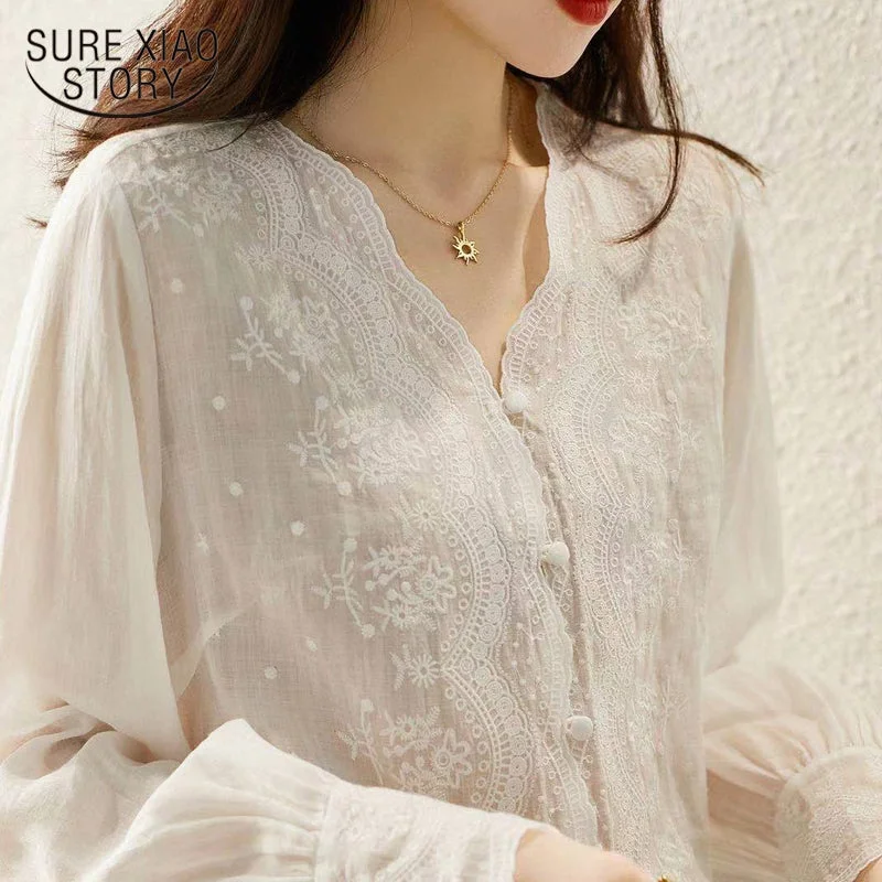 Wjczt French Embroidery Flower Lace Shirt Women's V Neck Sweet Long Sleeve Linen Blouse Women Autumn Loose Elegant Sunscreen Top 16108 Collared Satin Blouse Wjczt French Embroidery Flower Lace Shirt Women's V Neck Sweet Long Sleeve Linen Blouse Women Autumn Loose Elegant Sunscreen Top 16108 Collared Satin Blouse