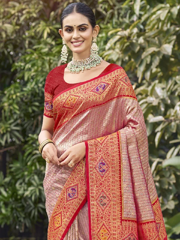 Women Red Silk Saree With Un Stitched Blouse Casual Relaxed Blouse