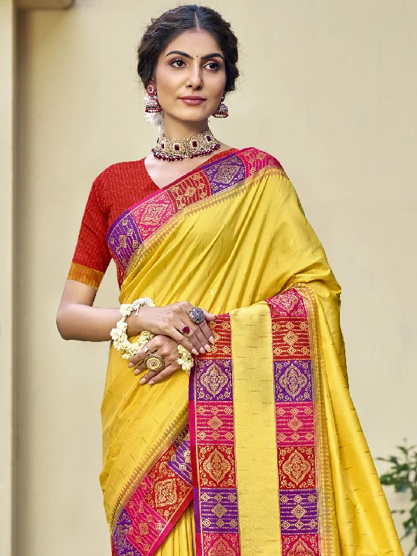 Women Yellow Silk Saree With Un Stitched Blouse Soft Knit Blouse