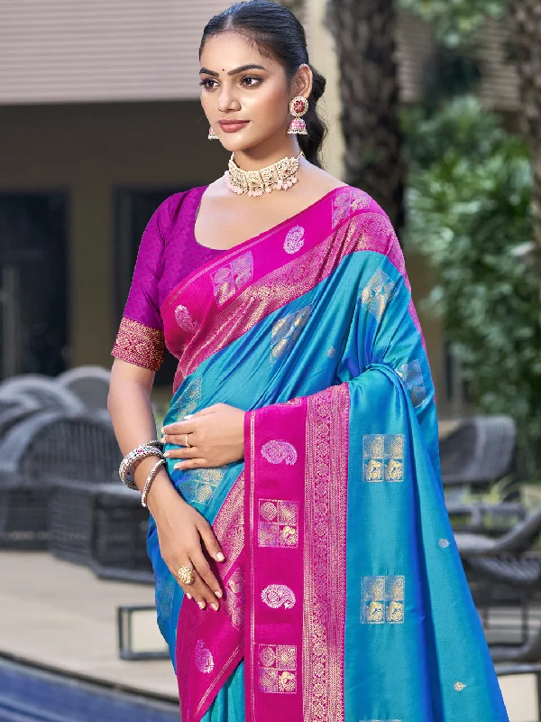 Women Sky Blue Silk Saree With Un Stitched Blouse Satin Long Blouse