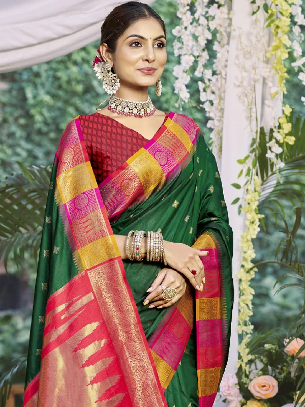 Women Bottle Green Silk Saree With Un Stitched Blouse Chic Sleeveless Blouse