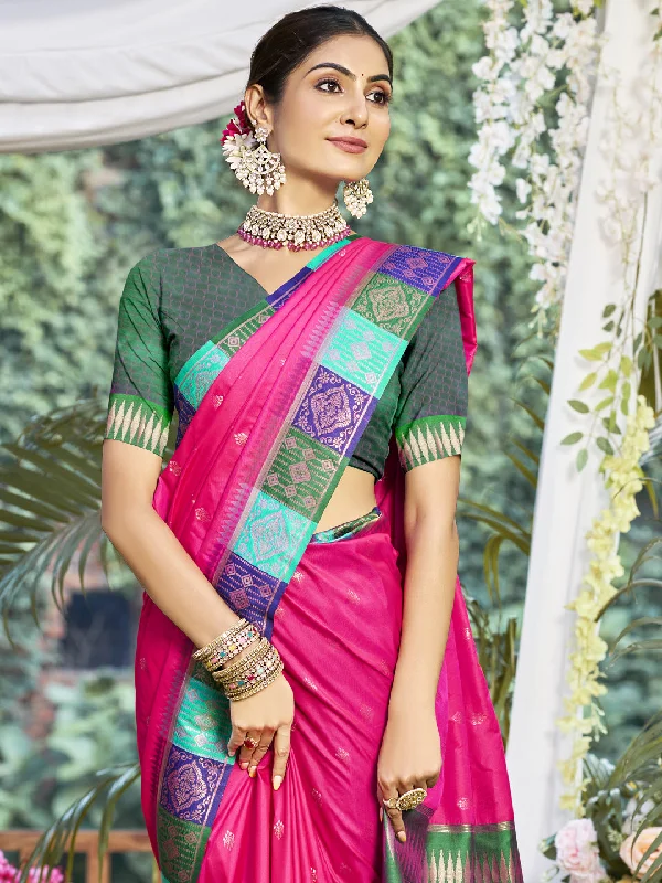 Women Rani Silk Saree With Un Stitched Blouse Frilled Cuff Blouse