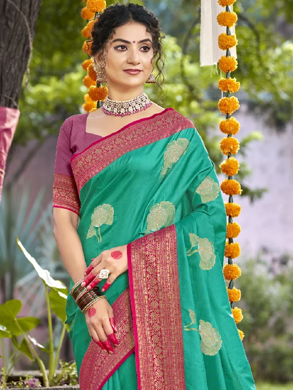 Women Teal Blue Silk Saree With Un Stitched Blouse Bell Sleeve Blouse