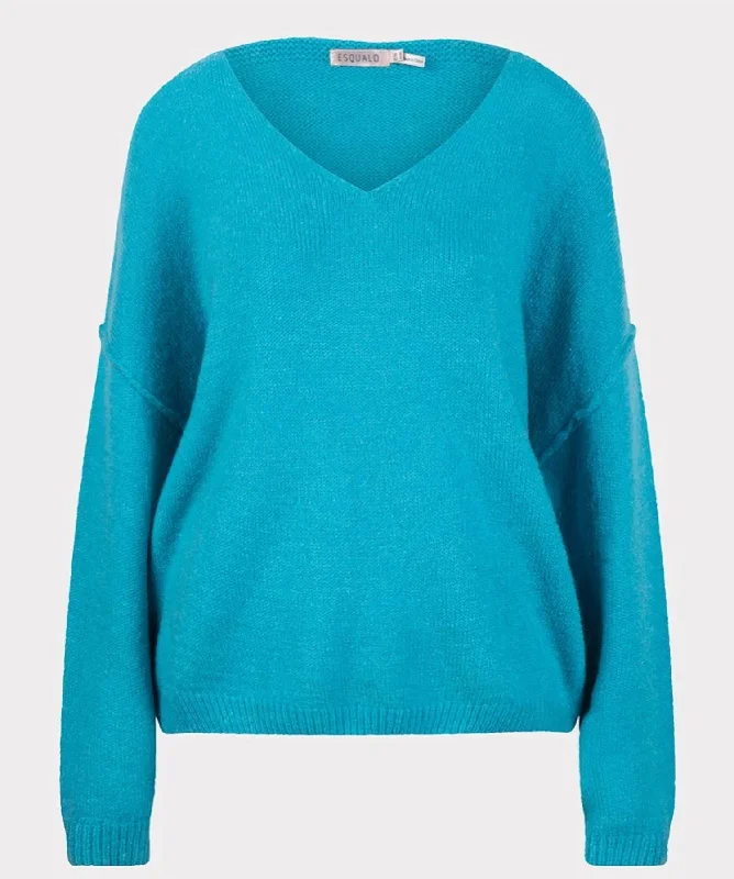 V Neck Sweater In Peacock Blue Glossy Satin Silk