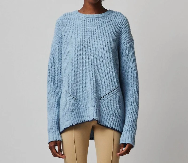 Merino Blend Crew Neck Sweater In Heather Denim Blue Striped Floral Plaid