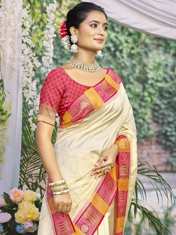 Women Cream Silk Saree With Un Stitched Blouse Elegant Semi-Sheer Blouse