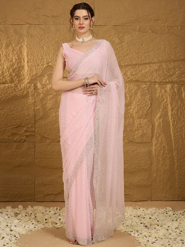 Women's Chiffon Pink Embellished Designer Saree With Blouse Piece Vintage Polka Blouse Women's Chiffon Pink Embellished Designer Saree With Blouse Piece Vintage Polka Blouse