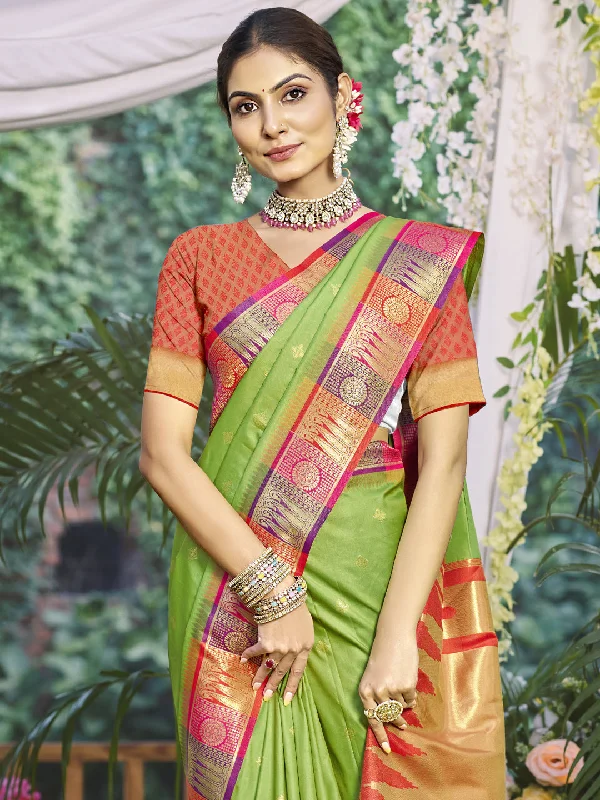 Women Light Green Silk Saree With Un Stitched Blouse Off-Shoulder Wrap Blouse