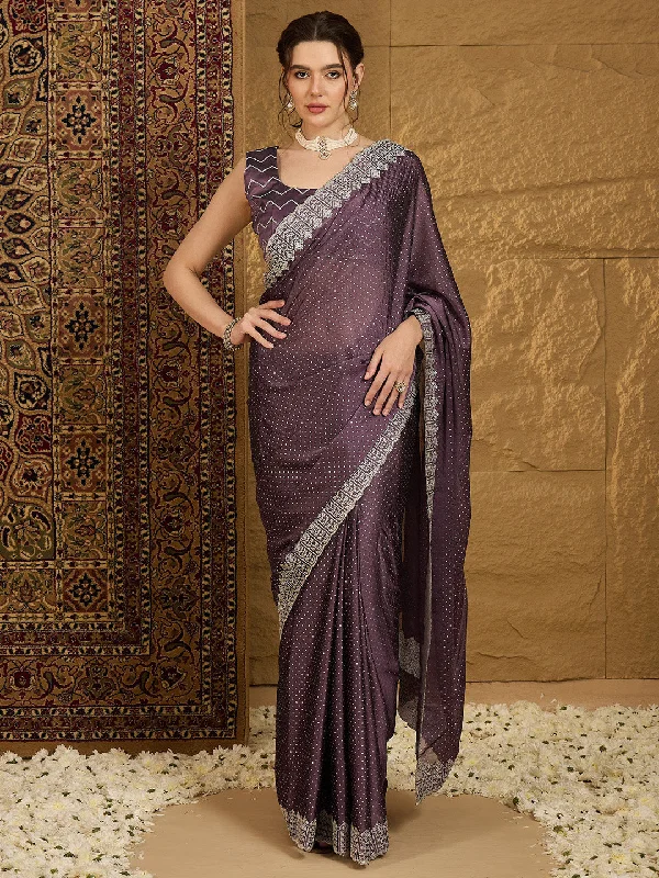 Women's Chiffon Violet Embroidered Designer Saree With Blouse Piece Chic Wrap Blouse Women's Chiffon Violet Embroidered Designer Saree With Blouse Piece Chic Wrap Blouse
