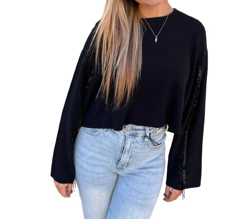 Valentina Sweater Rhinestone Fringed Sleeves In Black Notch Collar Peter Pan Collar Cowl Neck