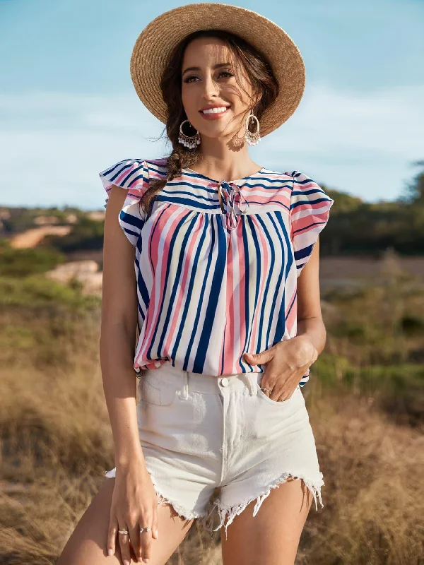 Striped Flutter Sleeve Tied Blouse Everyday Stylish Blouse