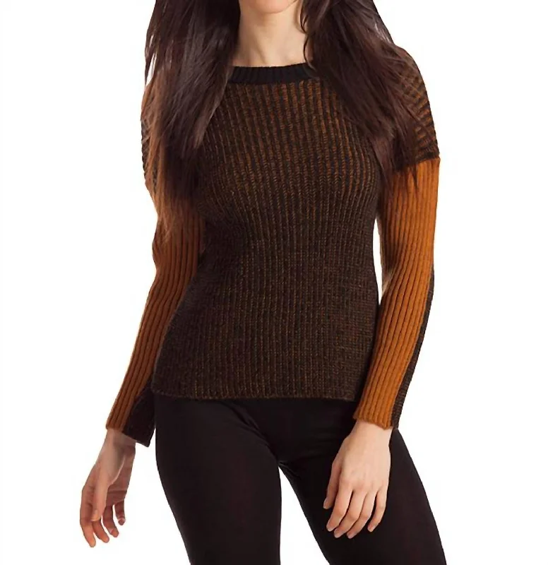 Maggie Two Tone Ribbed Sweater In Blackmustard Mesh Fabric Canvas Fabric Denim Fabric