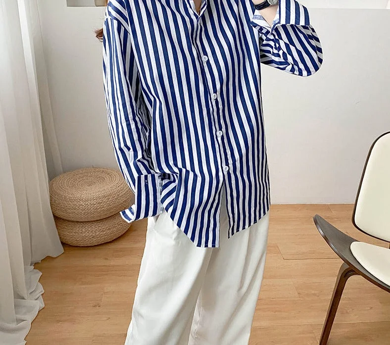 Wjczt Stripe Women Blouses Loose Oversized Long Sleeve Harajuku OL Shirts Female Tops 2022 Fashion Chic Blusas Mujer Outwear Classic Striped Blouse