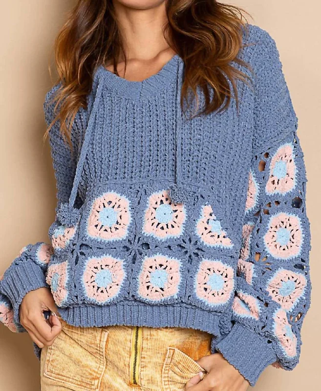 Cornflower Crochet Square Patch Hooded Pullover Sweater In Blue Satin Blend Silk Blend Wool Blend Cornflower Crochet Square Patch Hooded Pullover Sweater In Blue Satin Blend Silk Blend Wool Blend