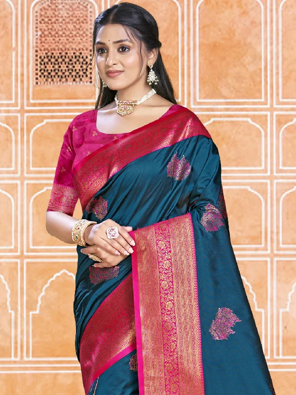 Women Blue Silk Saree With Un Stitched Blouse Loose Oversized Blouse