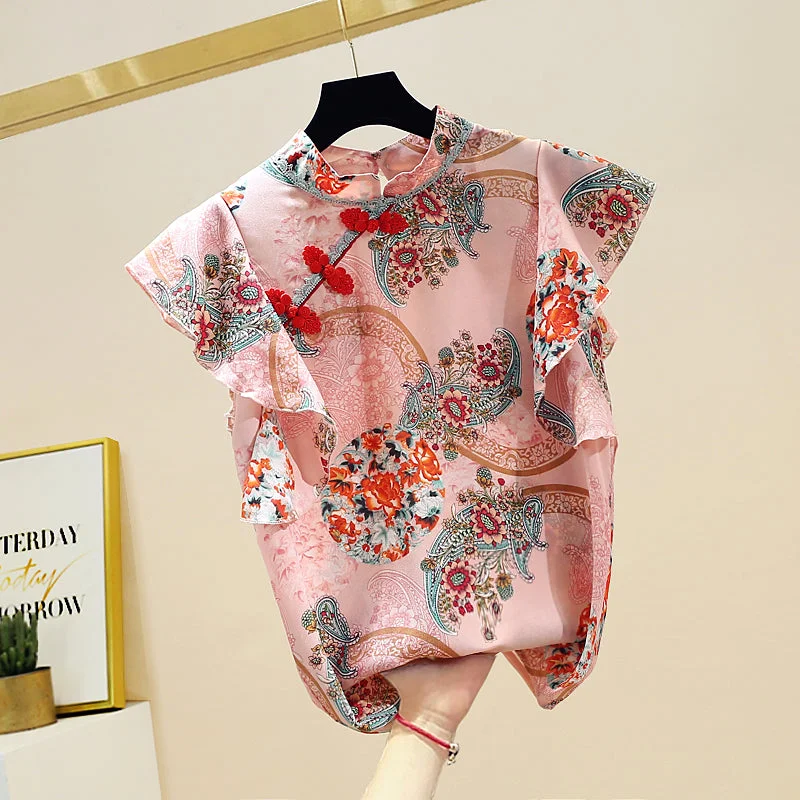 Wjczt Chinese Cheongsam Style Women Floral Chiffon Shirt 2022 Summer Blouse Ruffles Short Sleeve Shirts Tops Blusas A3252 Embellished Collar Blouse Wjczt Chinese Cheongsam Style Women Floral Chiffon Shirt 2022 Summer Blouse Ruffles Short Sleeve Shirts Tops Blusas A3252 Embellished Collar Blouse